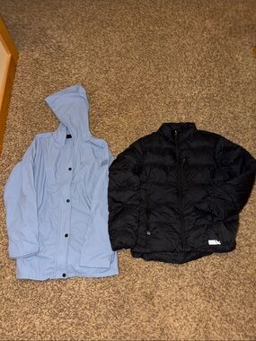 Hunter rain jacket and Eddie Bauer packable down puffer coat